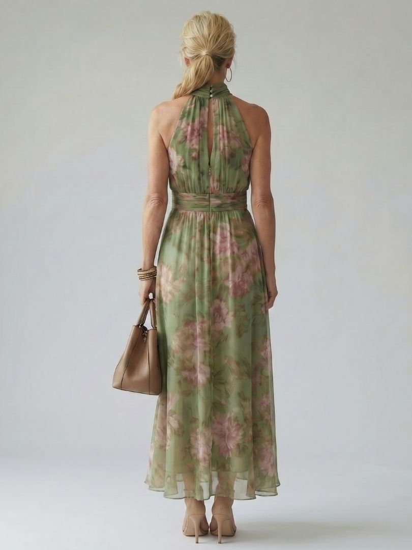 Mirella™ | Vestido Midi Halter Floral con Detalle Fruncido
