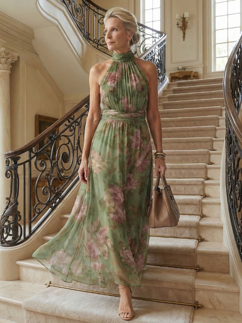 Mirella™ | Vestido Midi Halter Floral con Detalle Fruncido