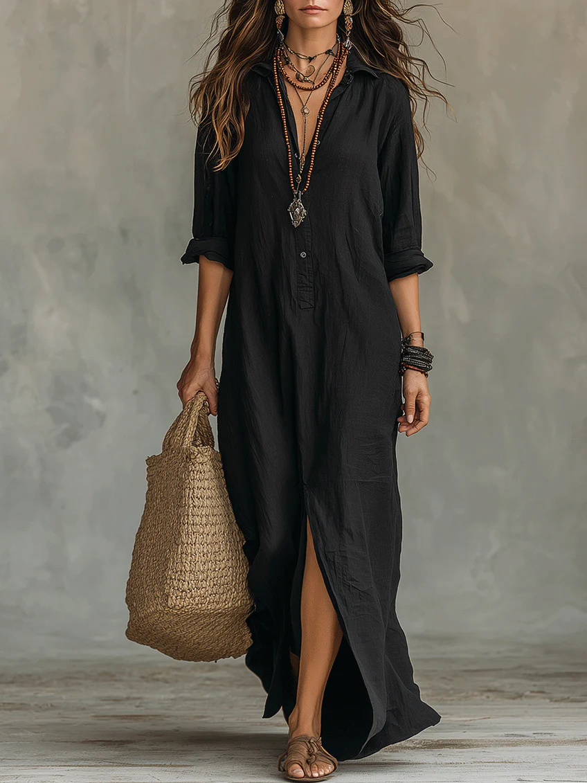 Soline | Robe Maxi Noire Longue avec Boutons