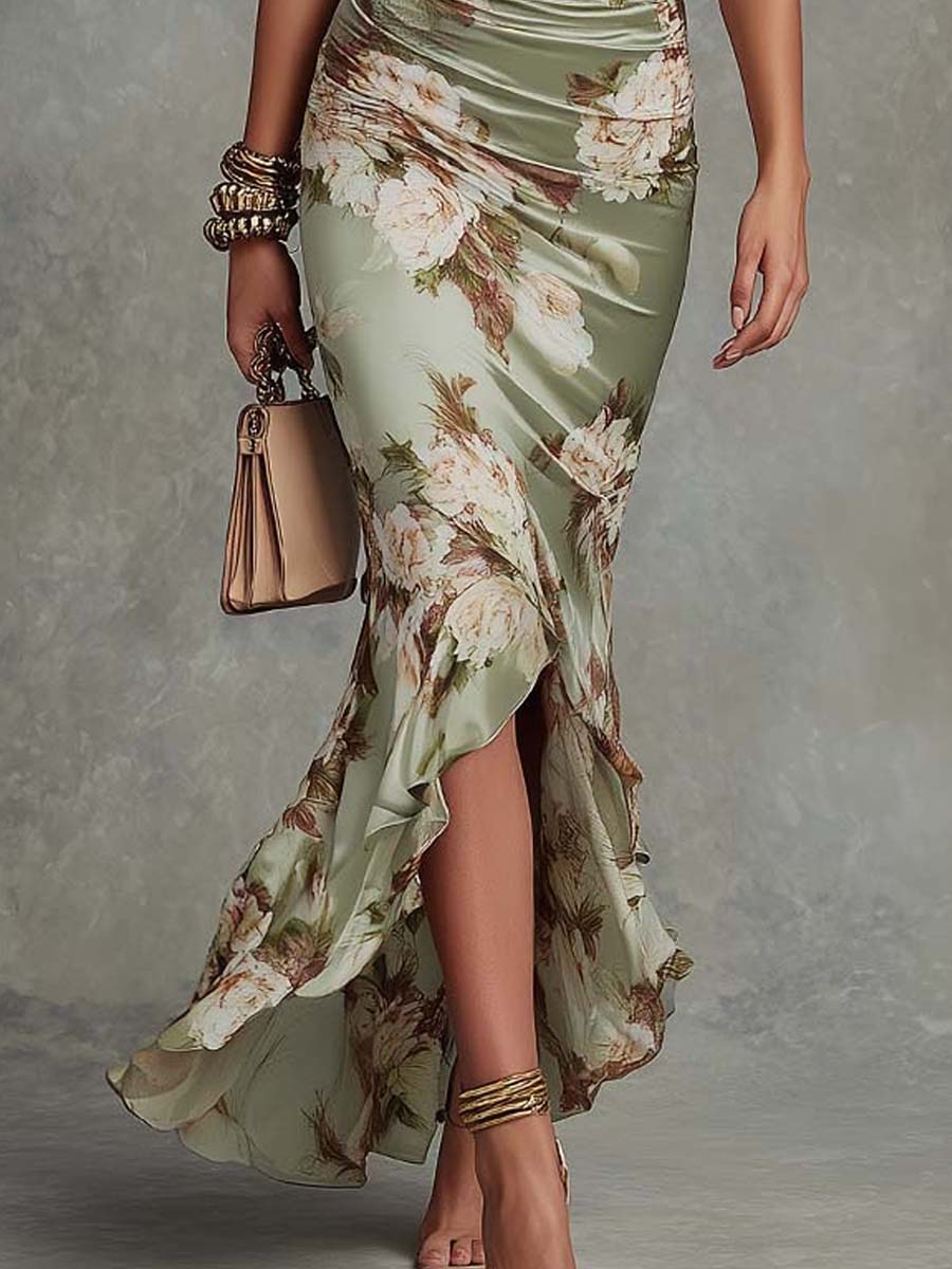 Isabela™ | Vestido Largo Floral en Satén con Escote en V y Manga Volante