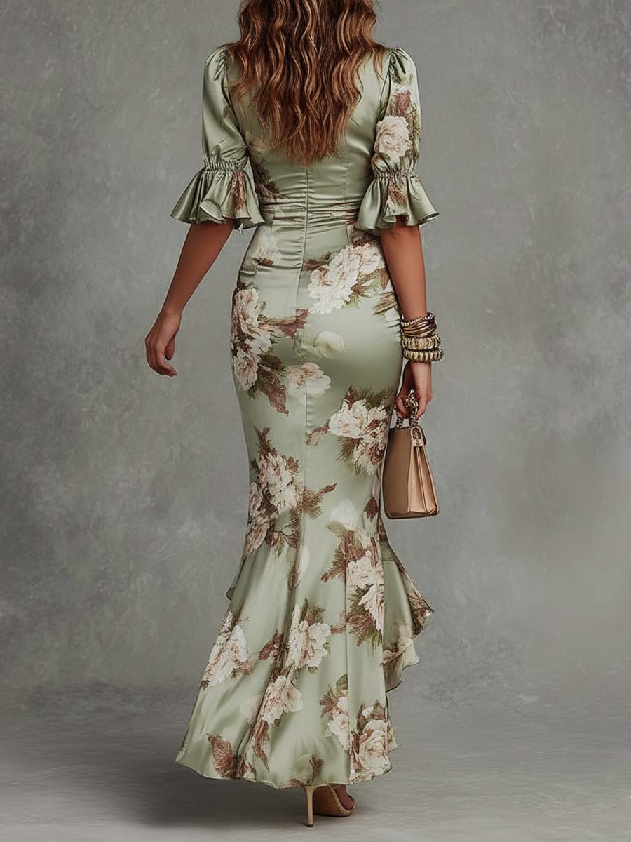 Isabela™ | Vestido Largo Floral en Satén con Escote en V y Manga Volante
