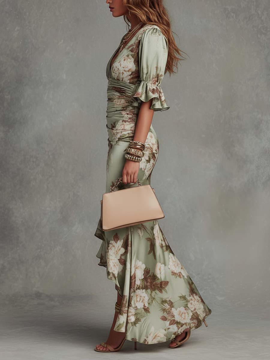 Isabela™ | Vestido Largo Floral en Satén con Escote en V y Manga Volante