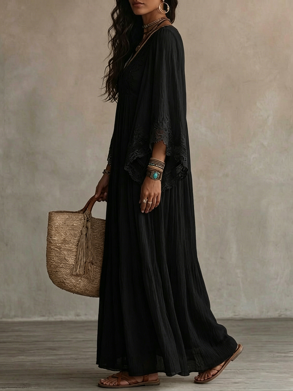 Celeste™ | Vestido Largo con Manga Murciélago y Encaje