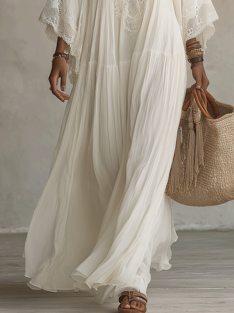 Celeste™ | Vestido Largo con Manga Murciélago y Encaje