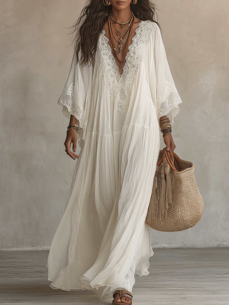 Celeste™ | Vestido Largo con Manga Murciélago y Encaje