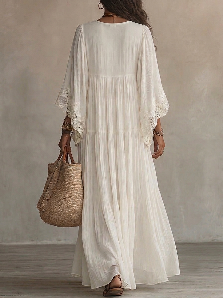 Celeste™ | Vestido Largo con Manga Murciélago y Encaje