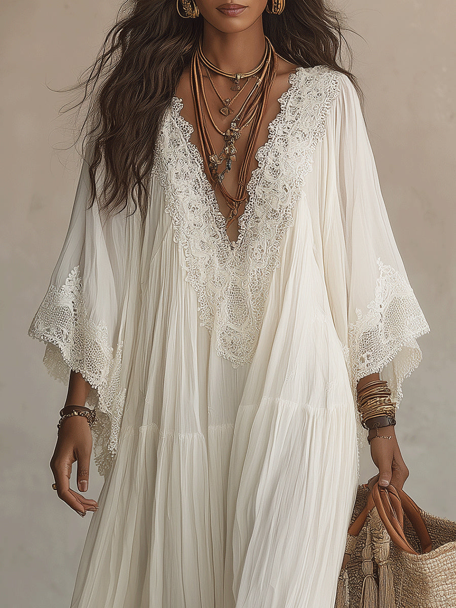 Celeste™ | Vestido Largo con Manga Murciélago y Encaje