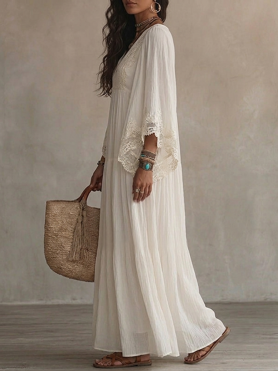 Celeste™ | Vestido Largo con Manga Murciélago y Encaje