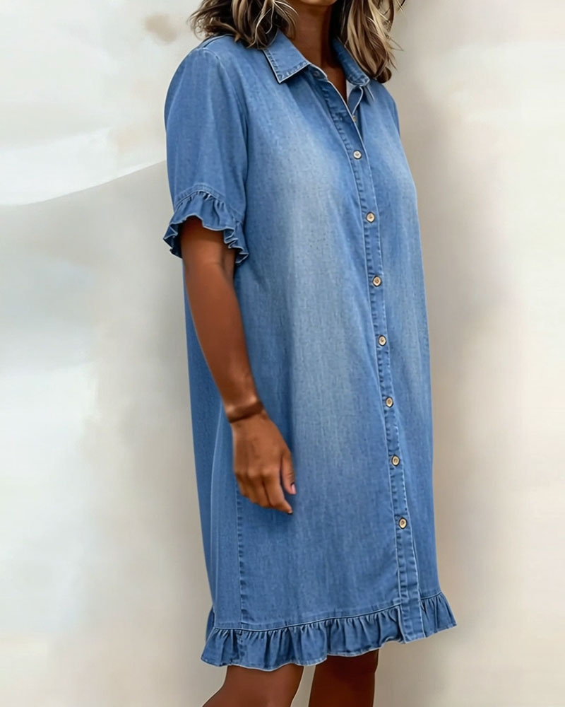 Lucía™ | Vestido Camisero Denim con Volantes