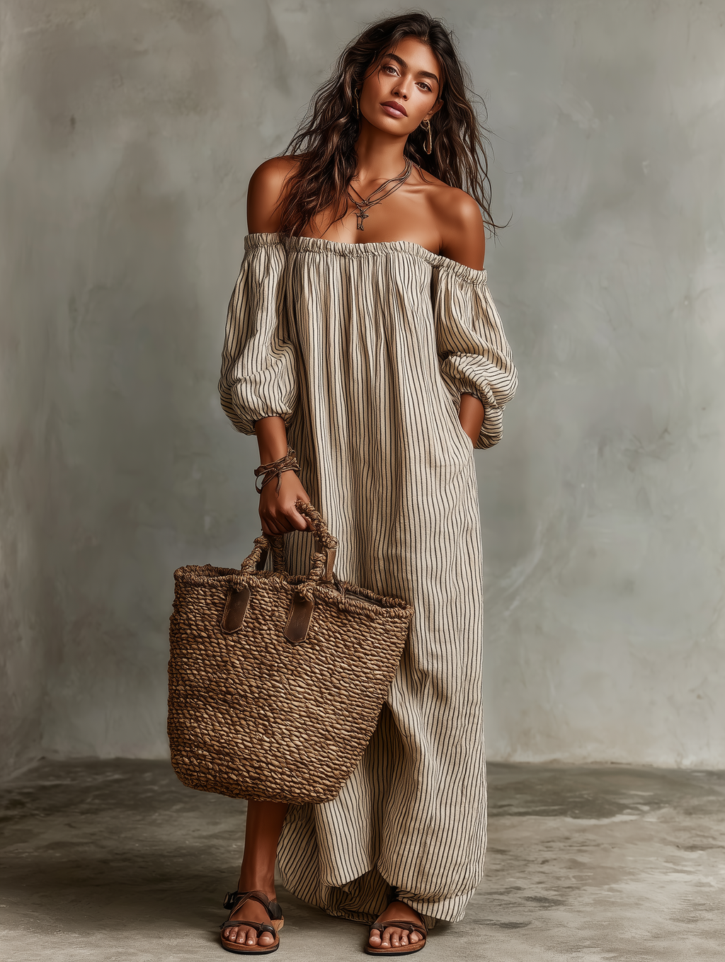 Carmen™ | Vestido Largo de Rayas con Hombros Descubiertos