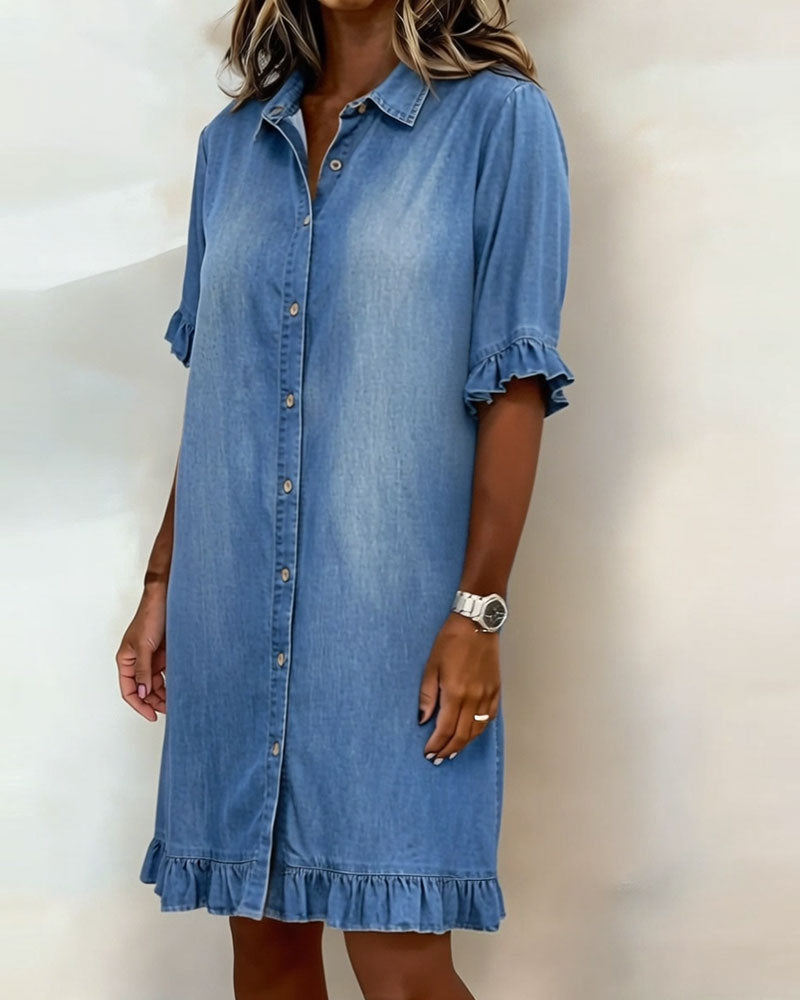 Lucía™ | Vestido Camisero Denim con Volantes