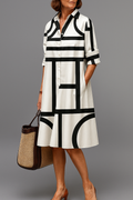 Leocadia™ | Vestido Midi Geométrico Blanco y Negro