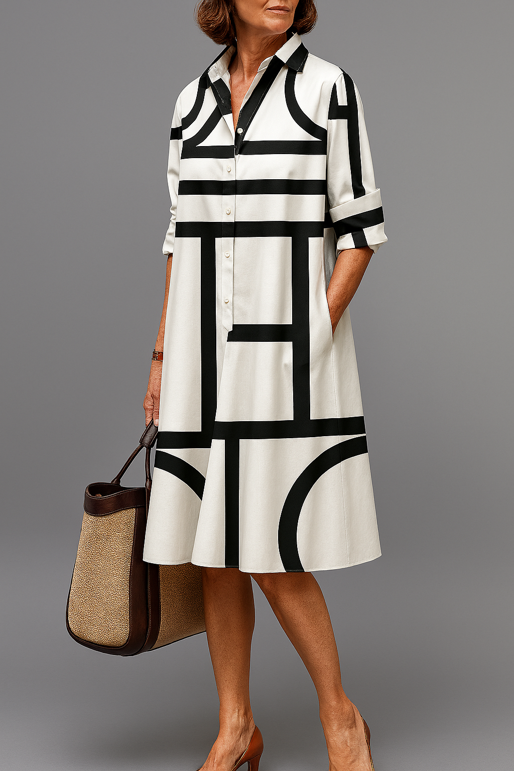 Leocadia™ | Vestido Midi Geométrico Blanco y Negro
