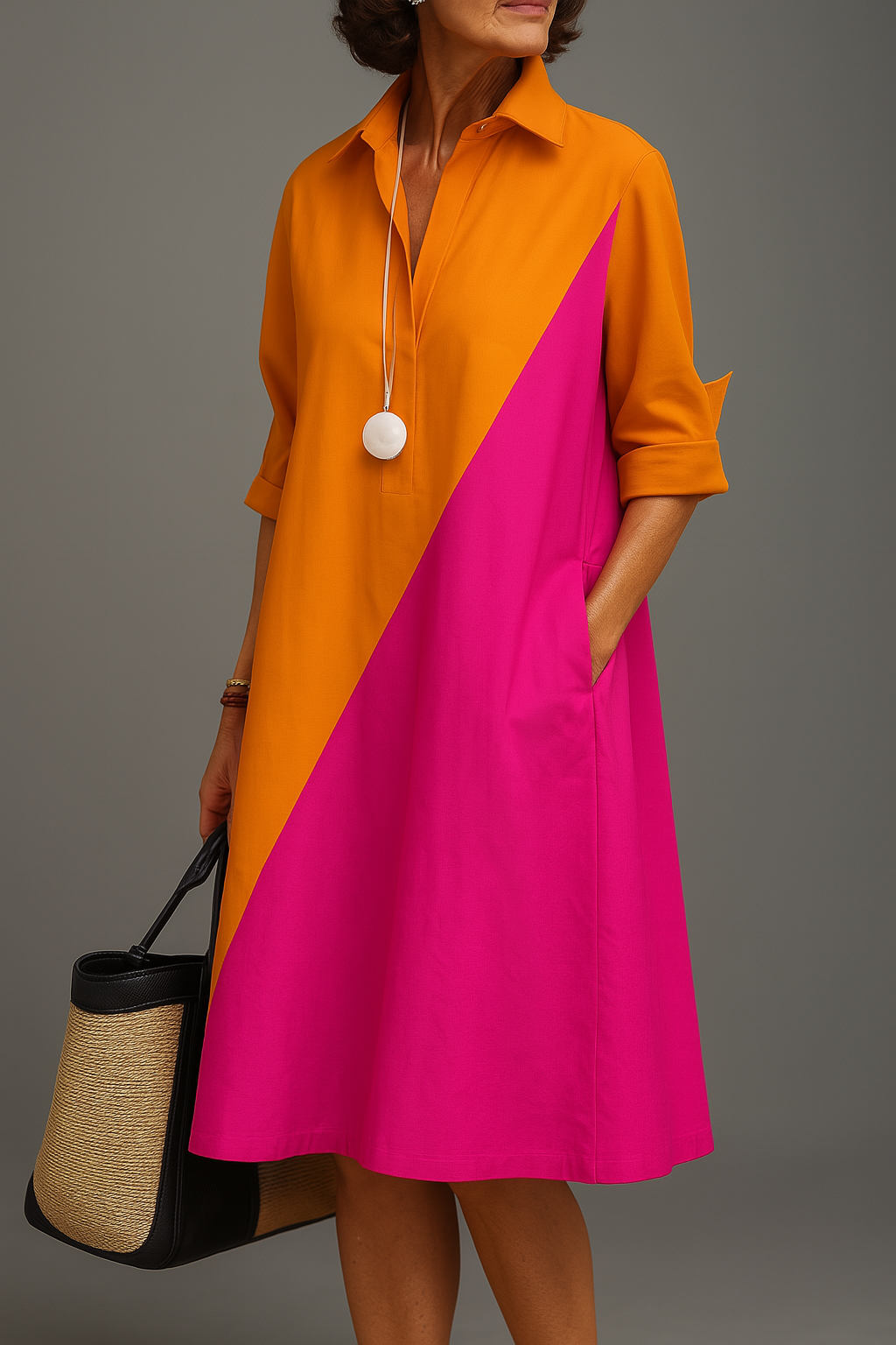 Olalla™ | Vestido Midi Bicolor Naranja y Rosa