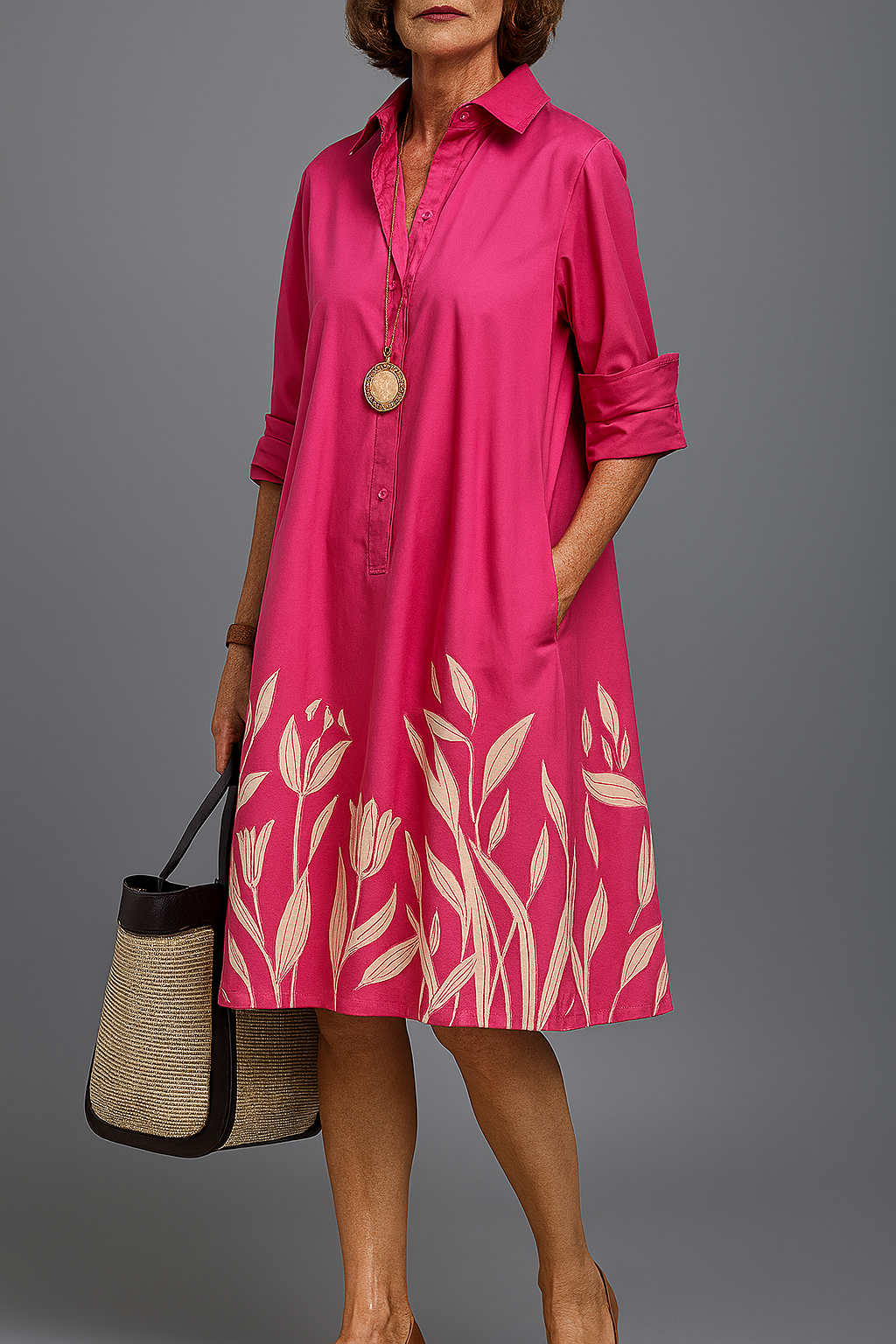 Purificación™ | Vestido Midi Rosa con Flores Doradas