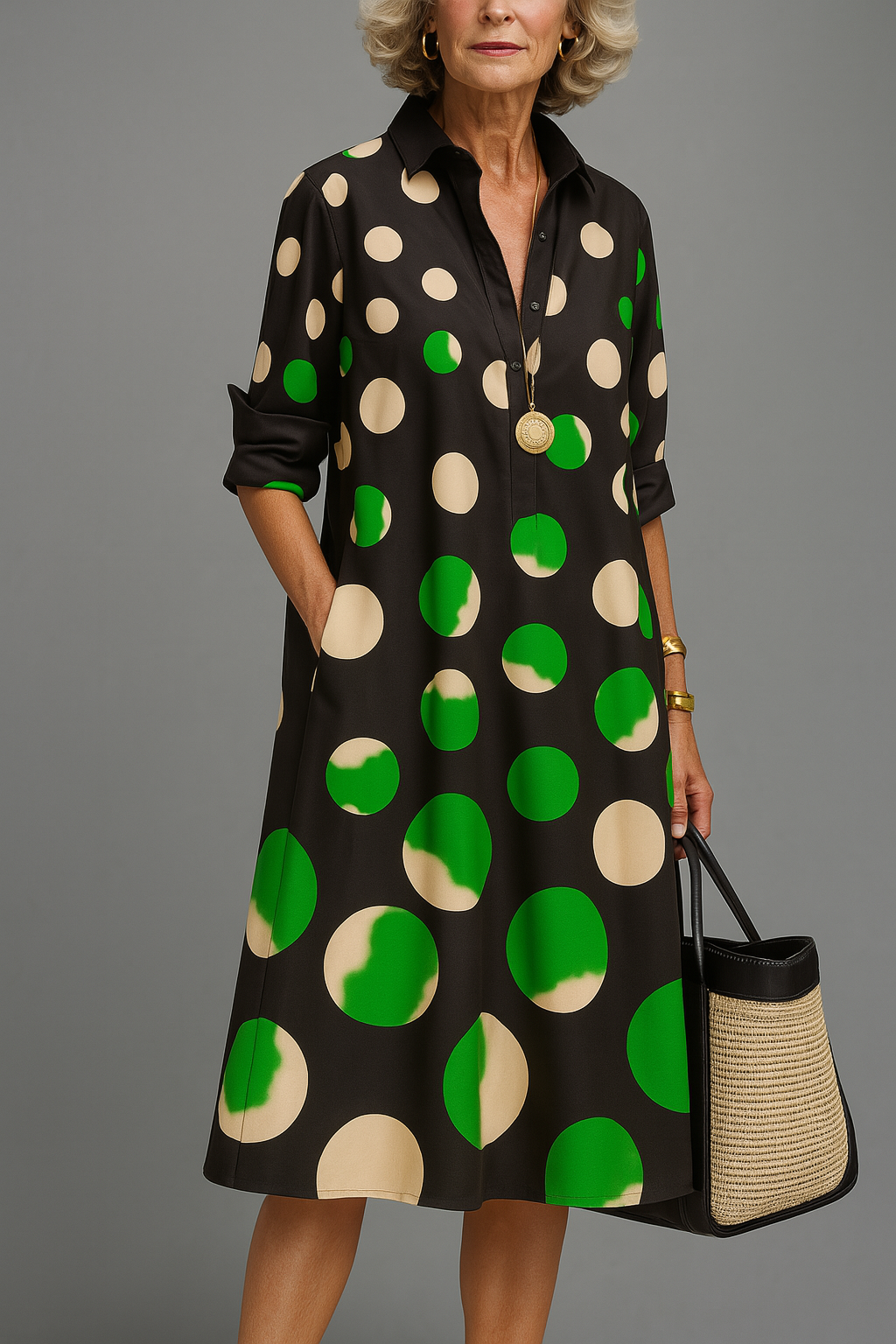 Sagrario™ | Vestido Midi Negro con Lunares Verdes
