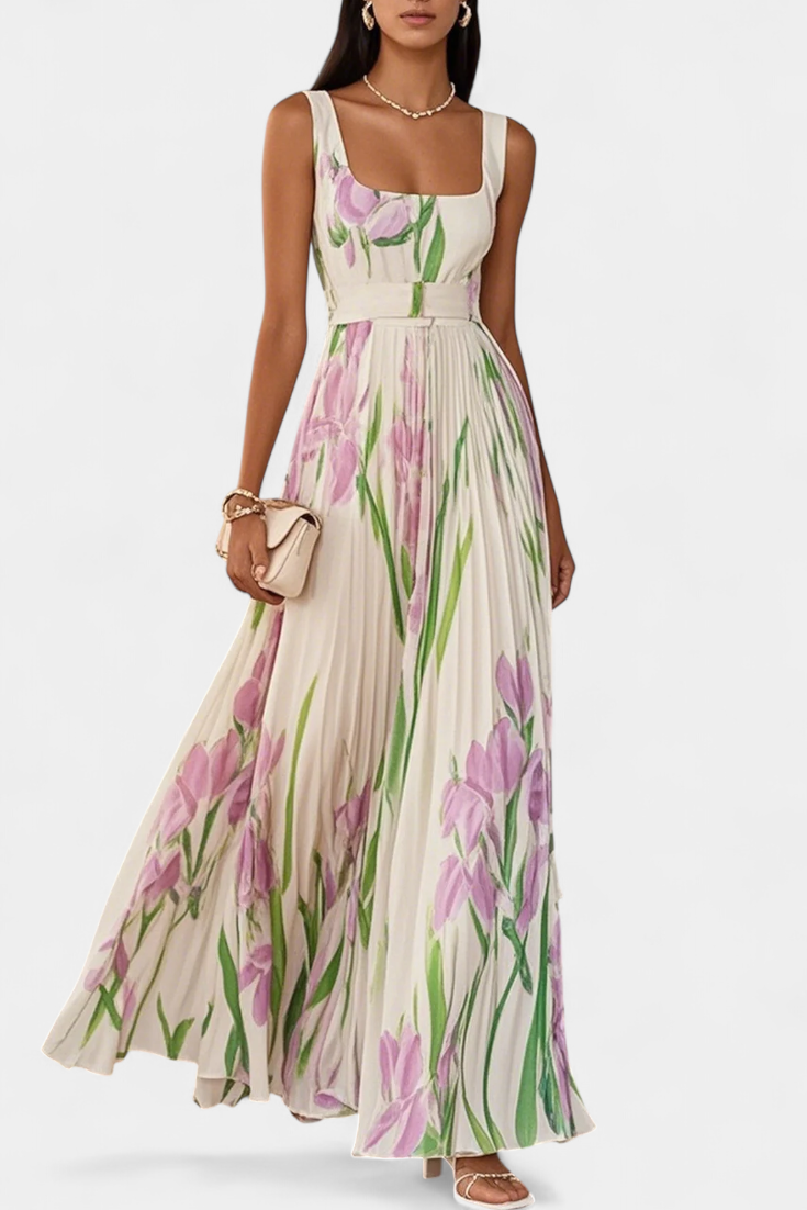 Calanthe Vestido Largo Plisado con Estampado Floral y Escote Cuadrado