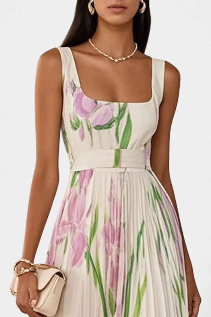 Calanthe Vestido Largo Plisado con Estampado Floral y Escote Cuadrado