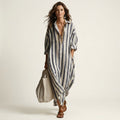 Leandra™ | Vestido Largo de Rayas con Cuello Solapa
