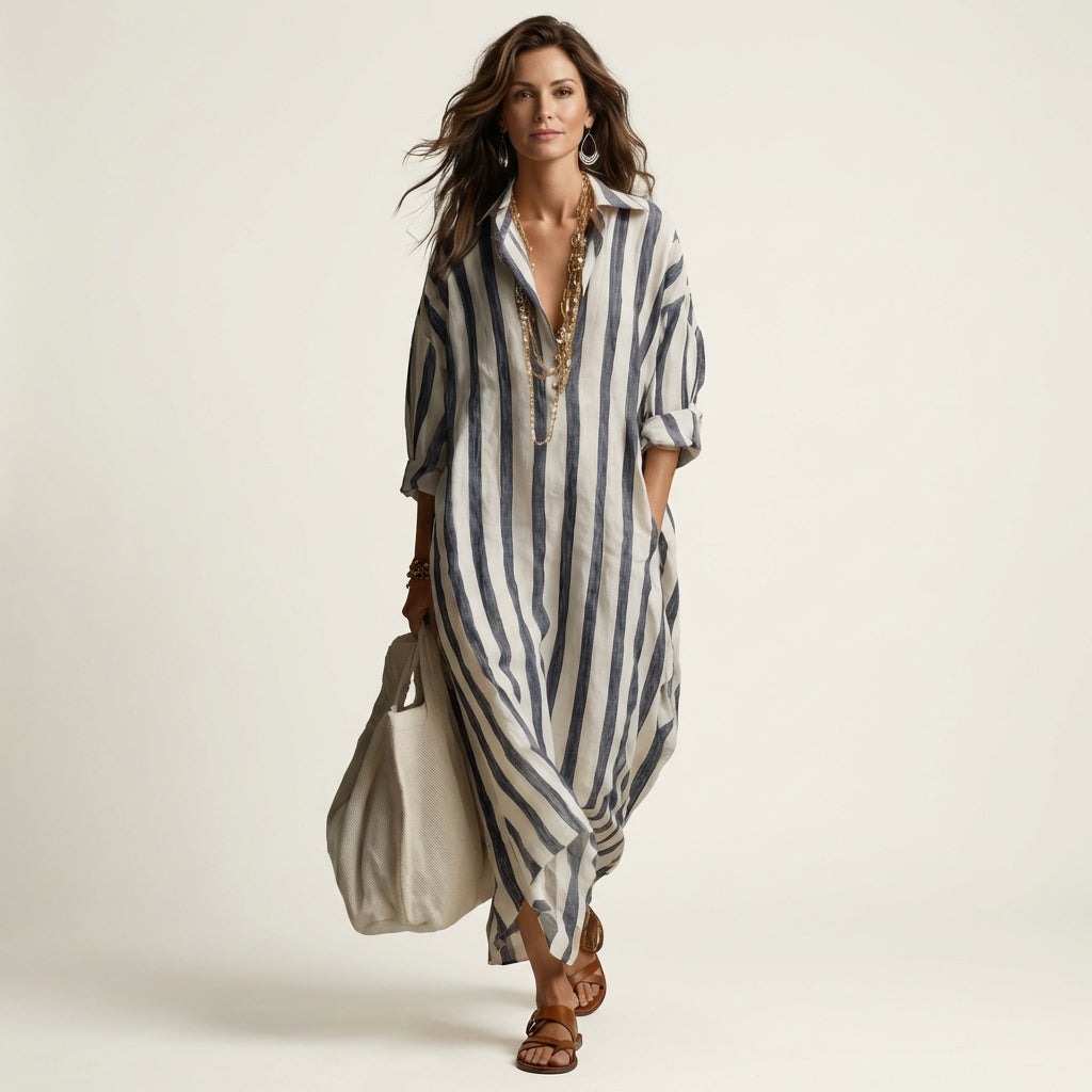 Leandra™ | Vestido Largo de Rayas con Cuello Solapa