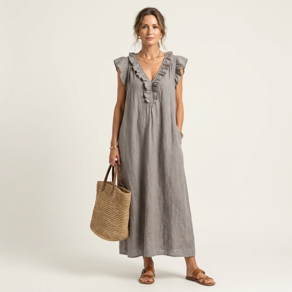 Josefina™ | Vestido de Lino con Volante en el Escote