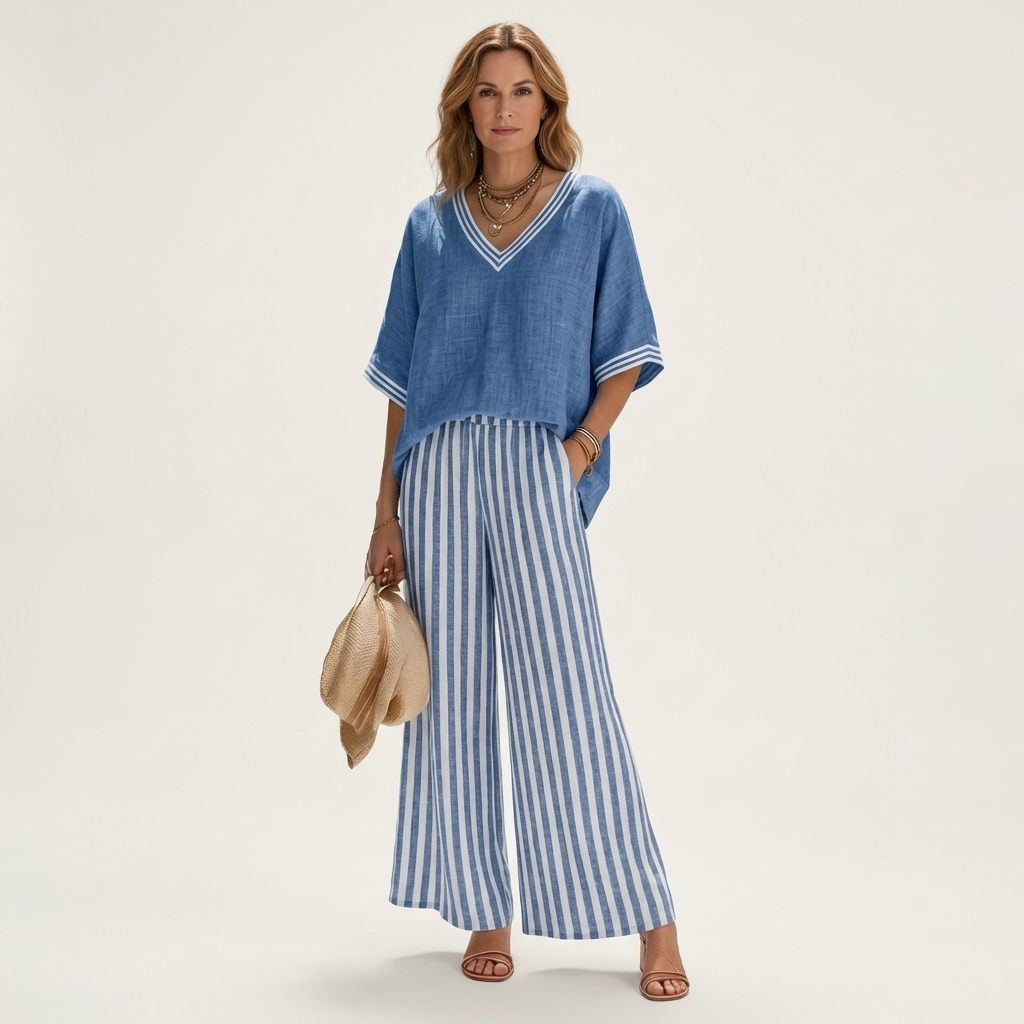 Julieta™ | Conjunto de Top con Ribete y Pantalón de Rayas