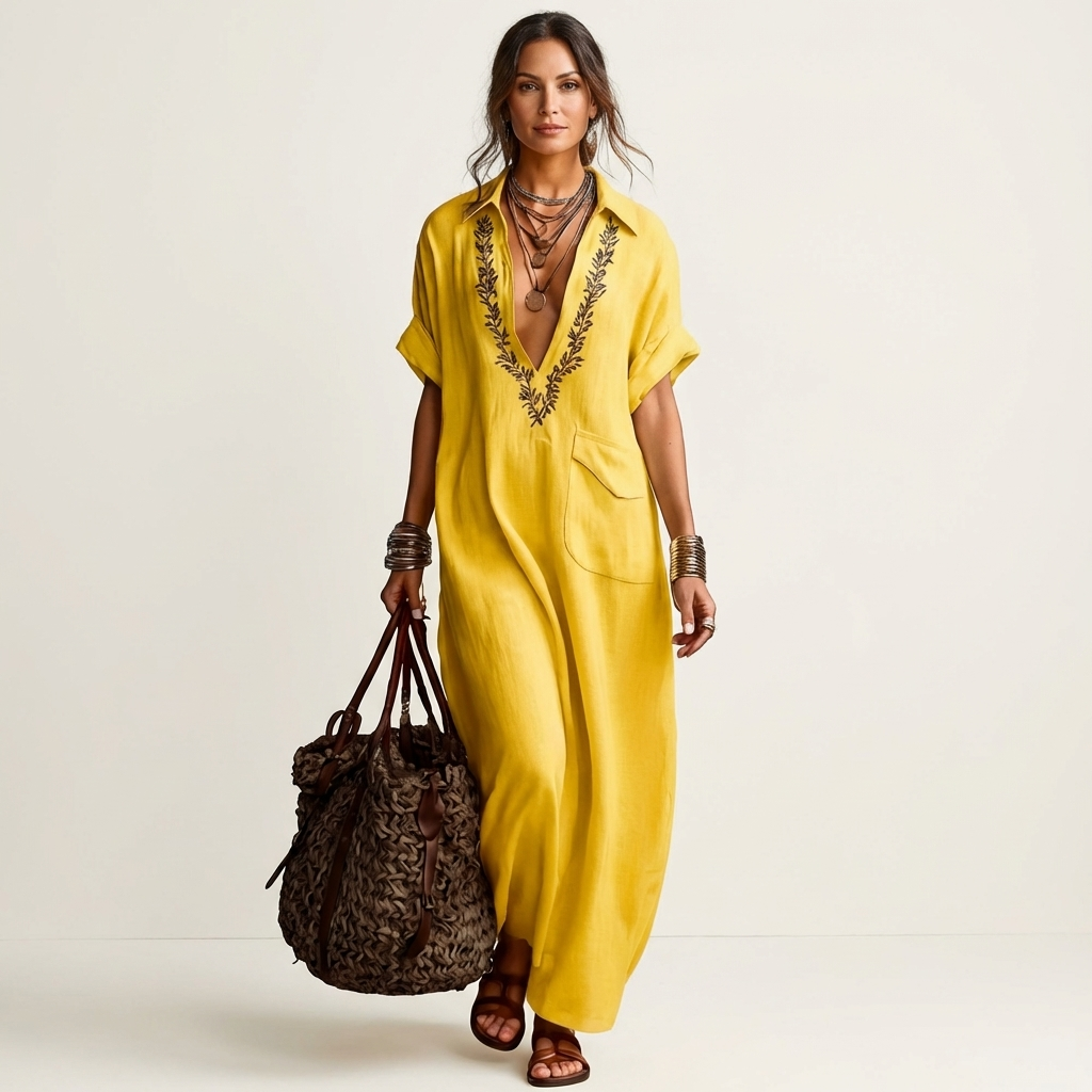 Micaela™ | Vestido Largo de Lino con Escote Bordado