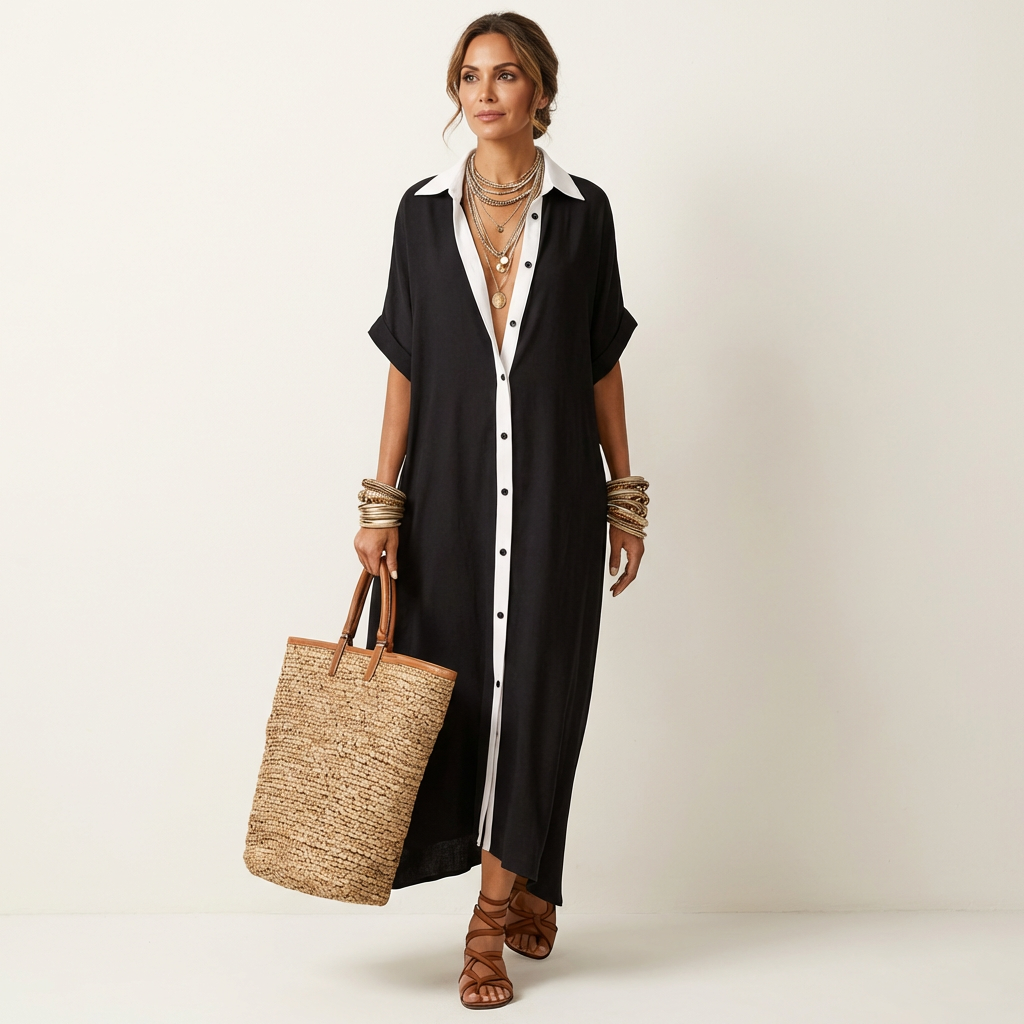 Sagrario™ | Vestido Camisero Largo con Cuello en Contraste
