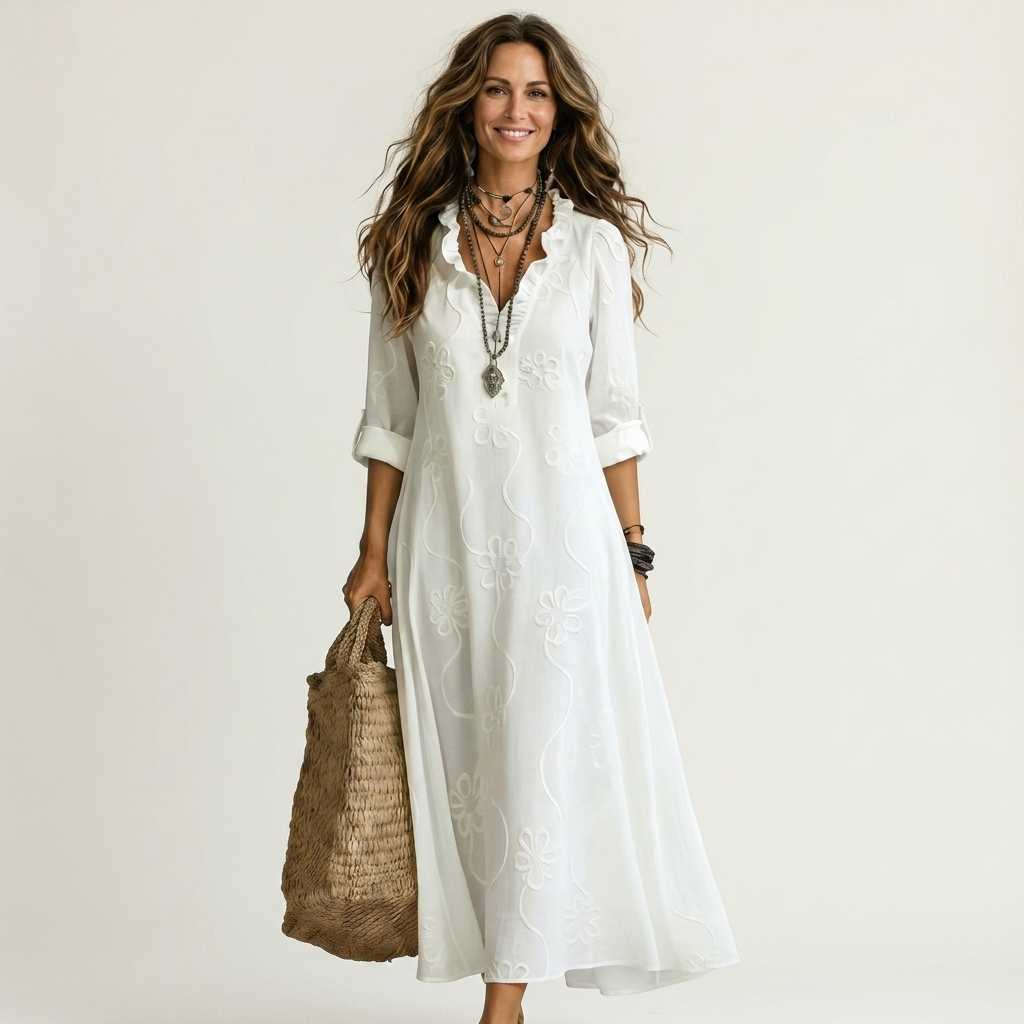 Sabina™ | Vestido Largo de Lino con Bordado Floral