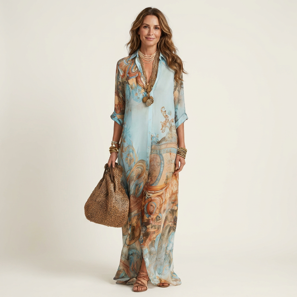 Teodora™ | Vestido Camisero Largo con Estampado Barroco