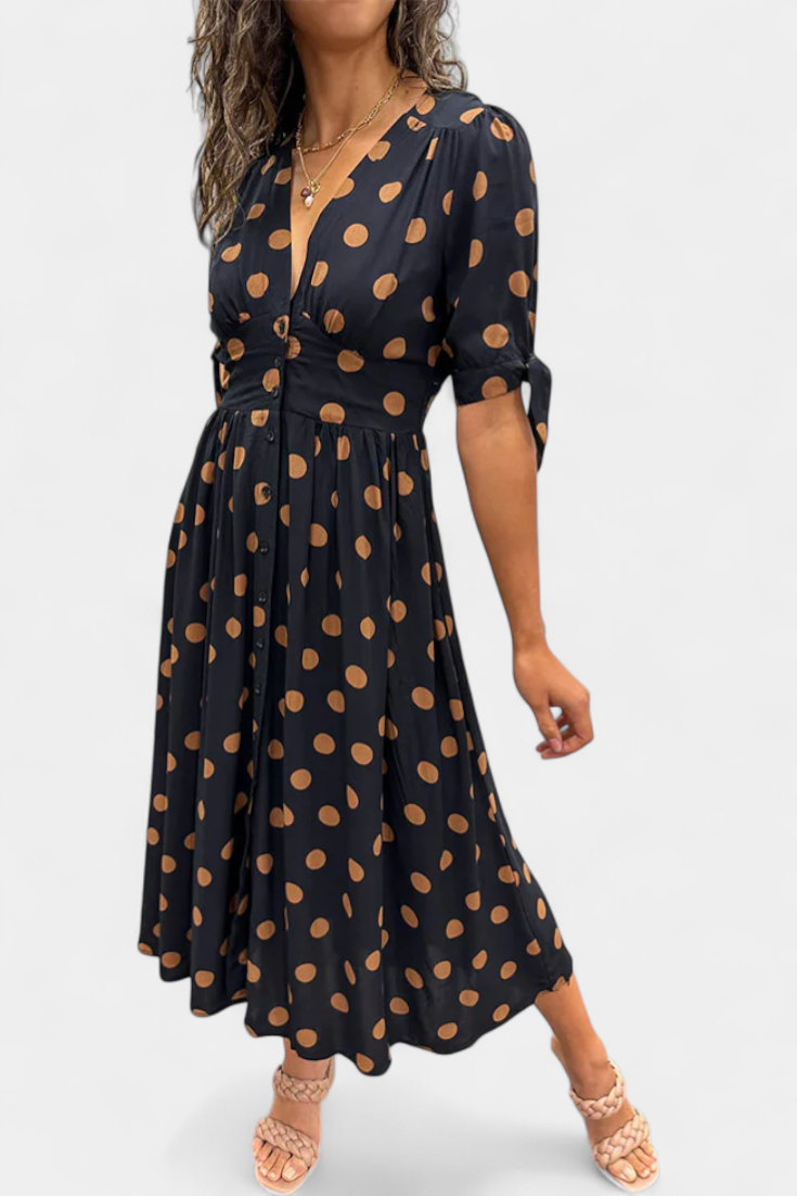 Lizzie Vestido Midi de Lunares con Escote en V Profundo