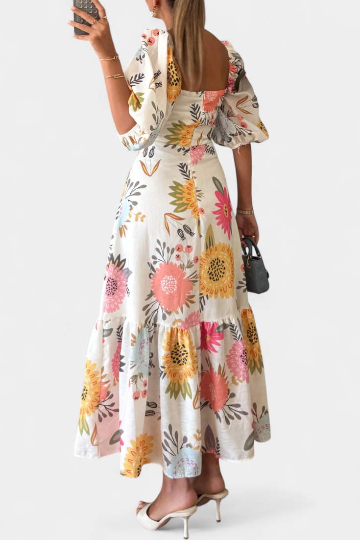 Kacey Vestido Midi de Algodón con Estampado Floral y Manga Abullonada