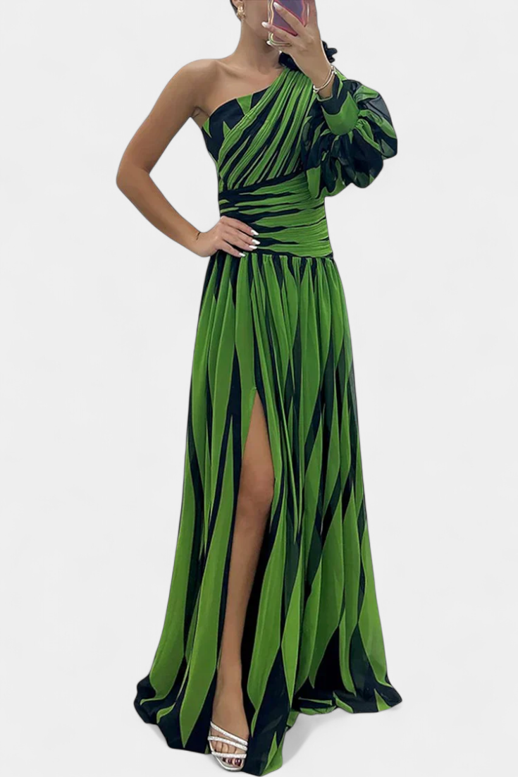 Bethania Vestido Maxí Elegante de Rayas con Un Solo Hombro