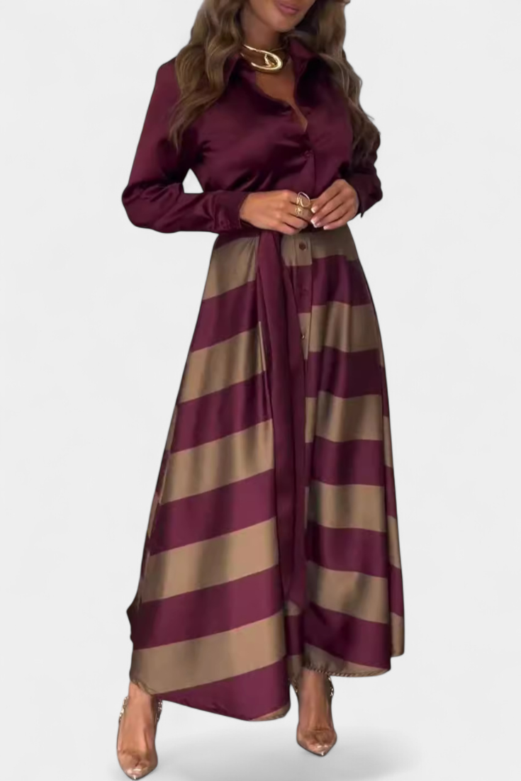Nessia Vestido Camisero Largo a Rayas con Cinturón