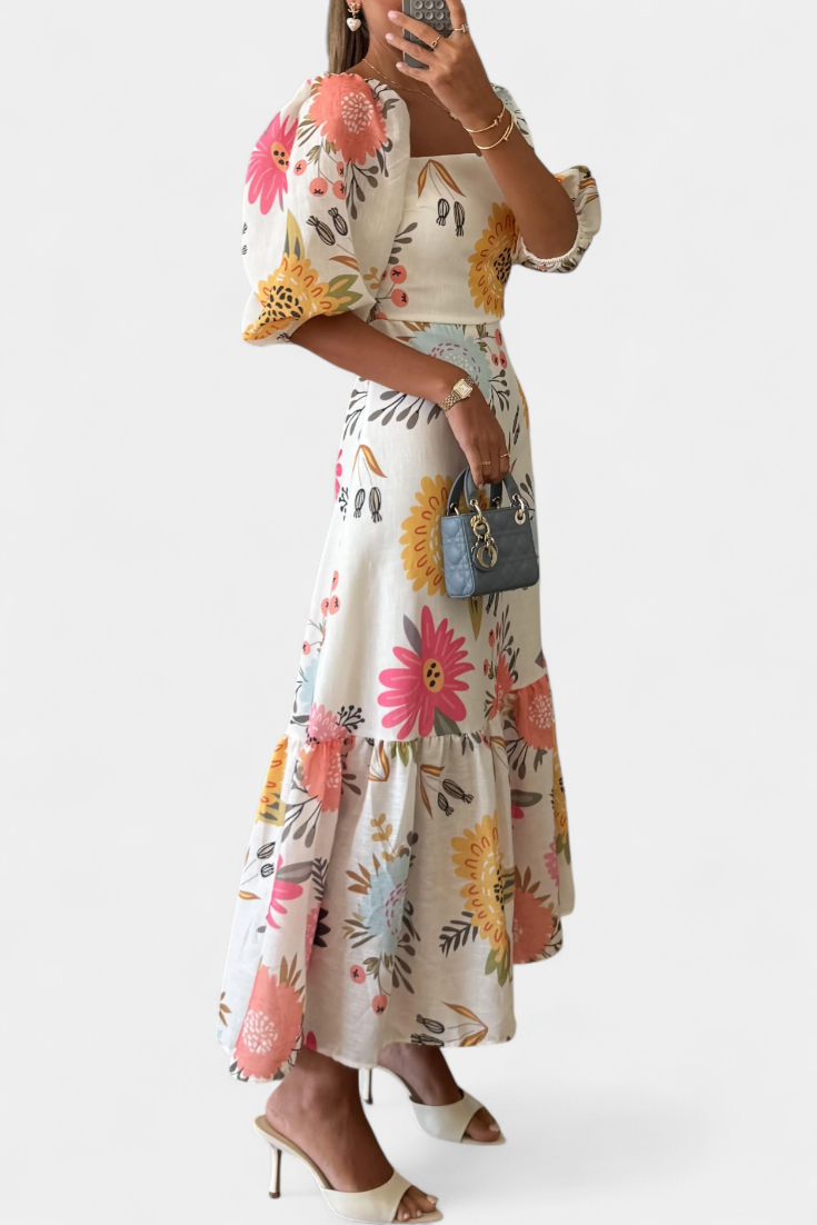 Kacey Vestido Midi de Algodón con Estampado Floral y Manga Abullonada