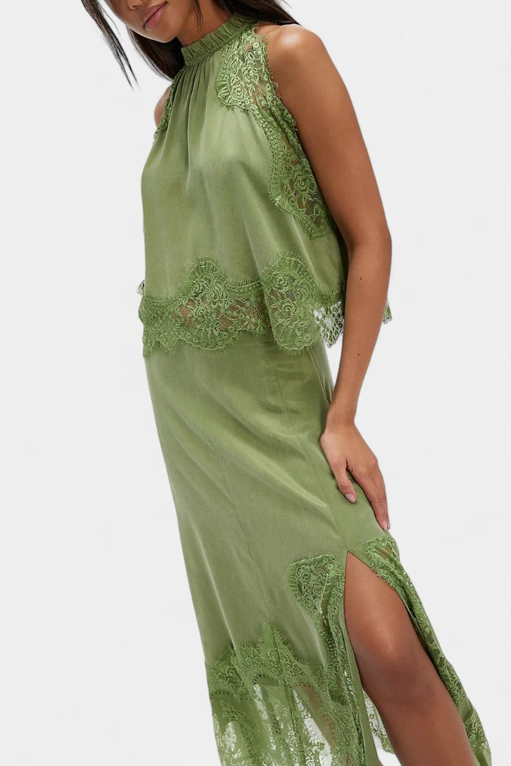 Coralena Conjunto de Falda Midi de Encaje con Dobladillo Asimétrico