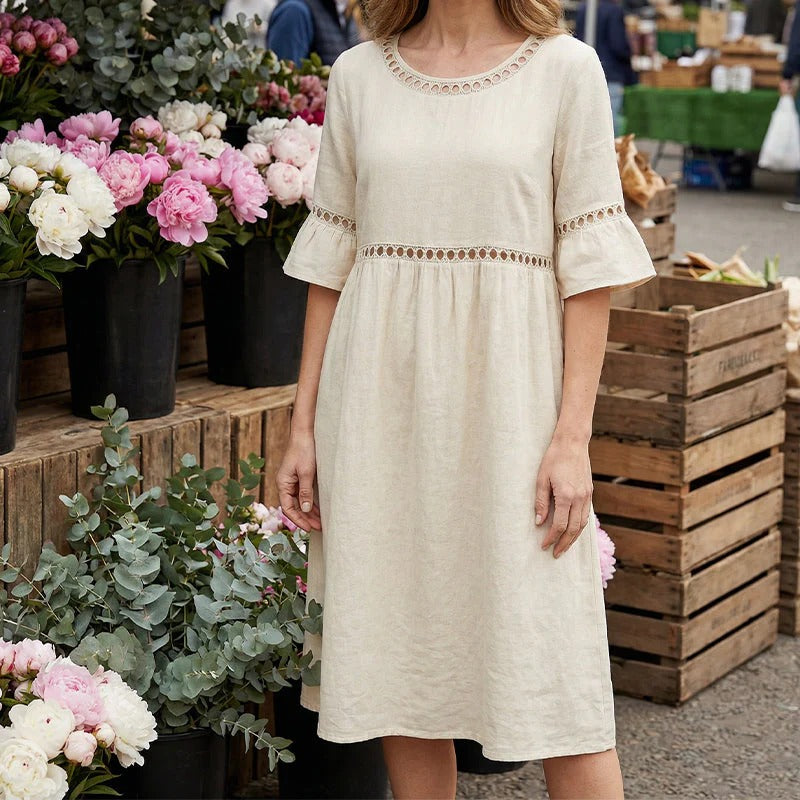 Carmela™ | Vestido Midi de Lino con Cuello Redondo y Manga Volante