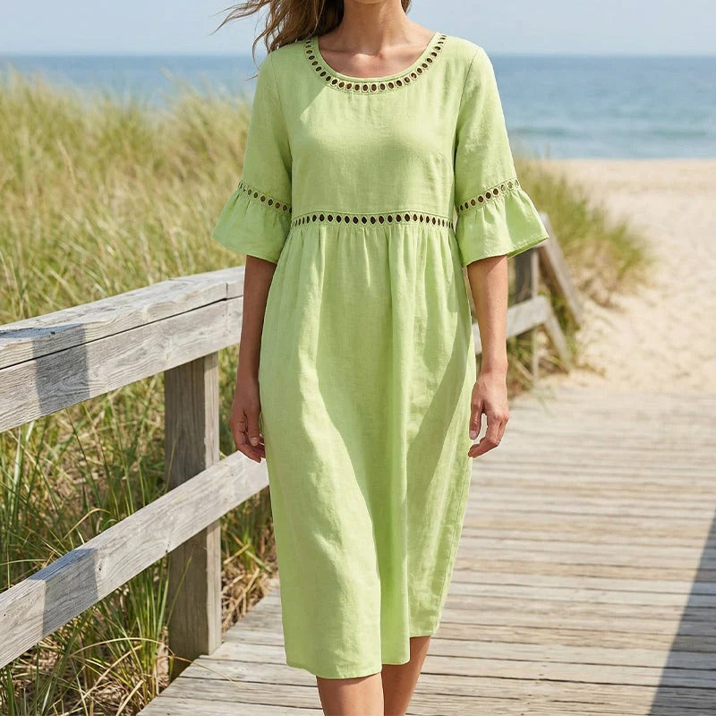 Carmela™ | Vestido Midi de Lino con Cuello Redondo y Manga Volante