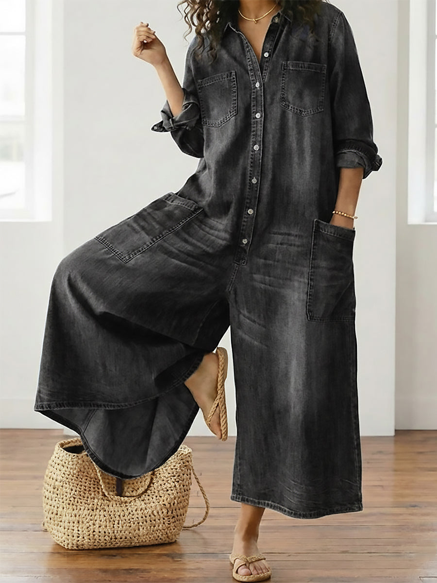 Primitiva™ | Vestido maxi vaquero con botonadura y manga larga
