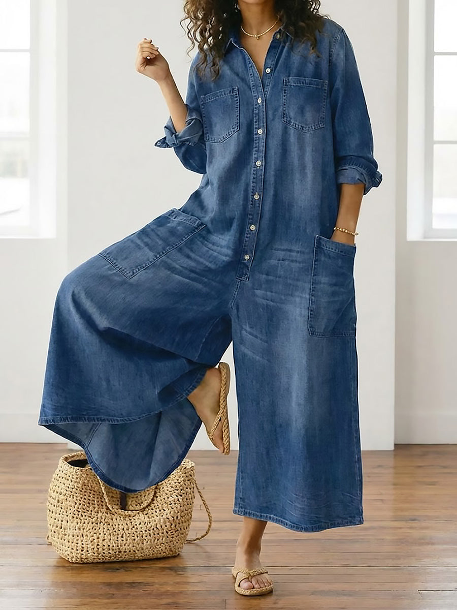 Primitiva™ | Vestido maxi vaquero con botonadura y manga larga