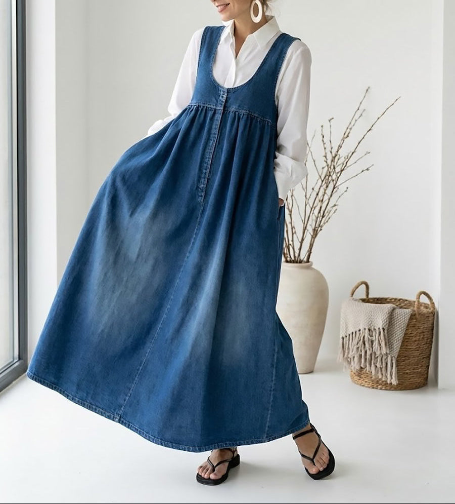 Gumersinda™ | Vestido maxi vaquero lavado de tirantes